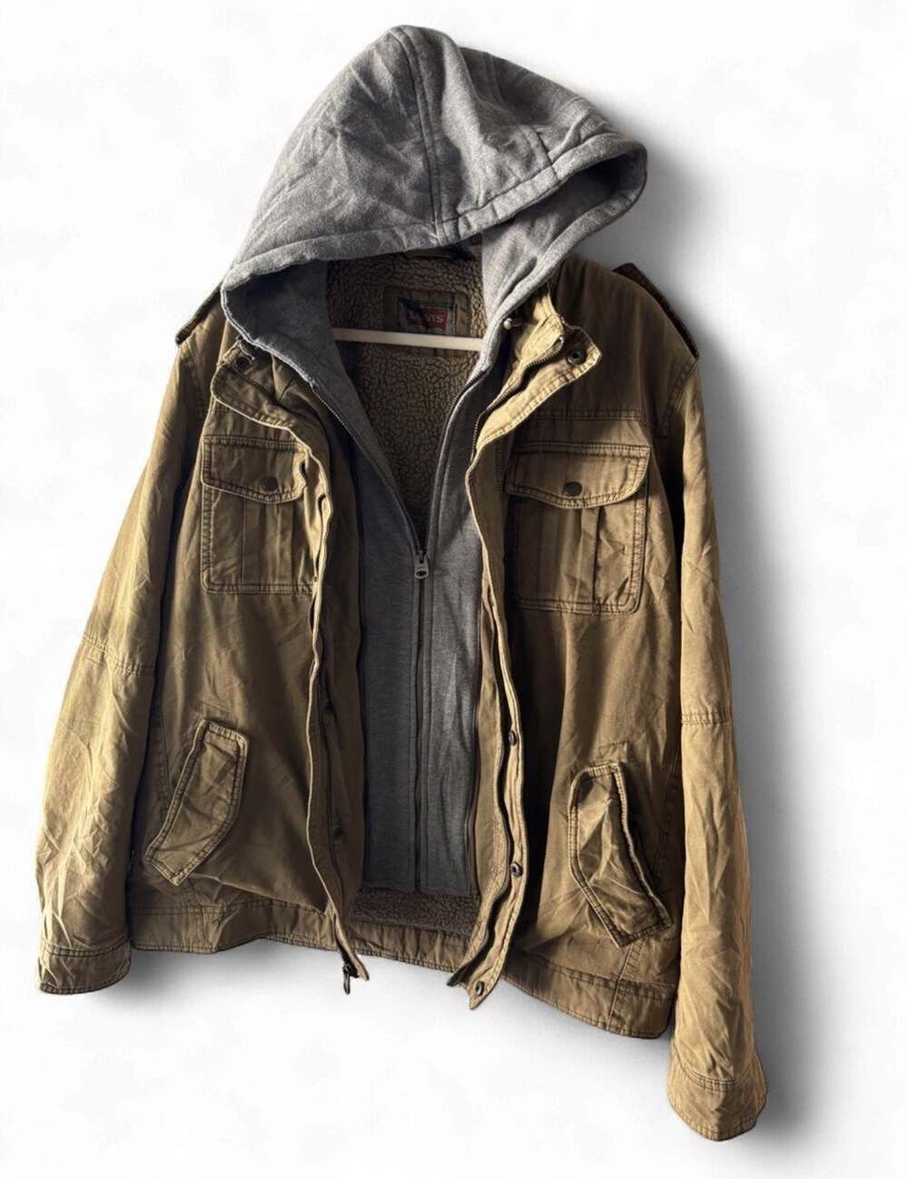 Levi’s Sherpa Lined Hooded Canvas Work Military Jacket Khaki Men’s XL Coat